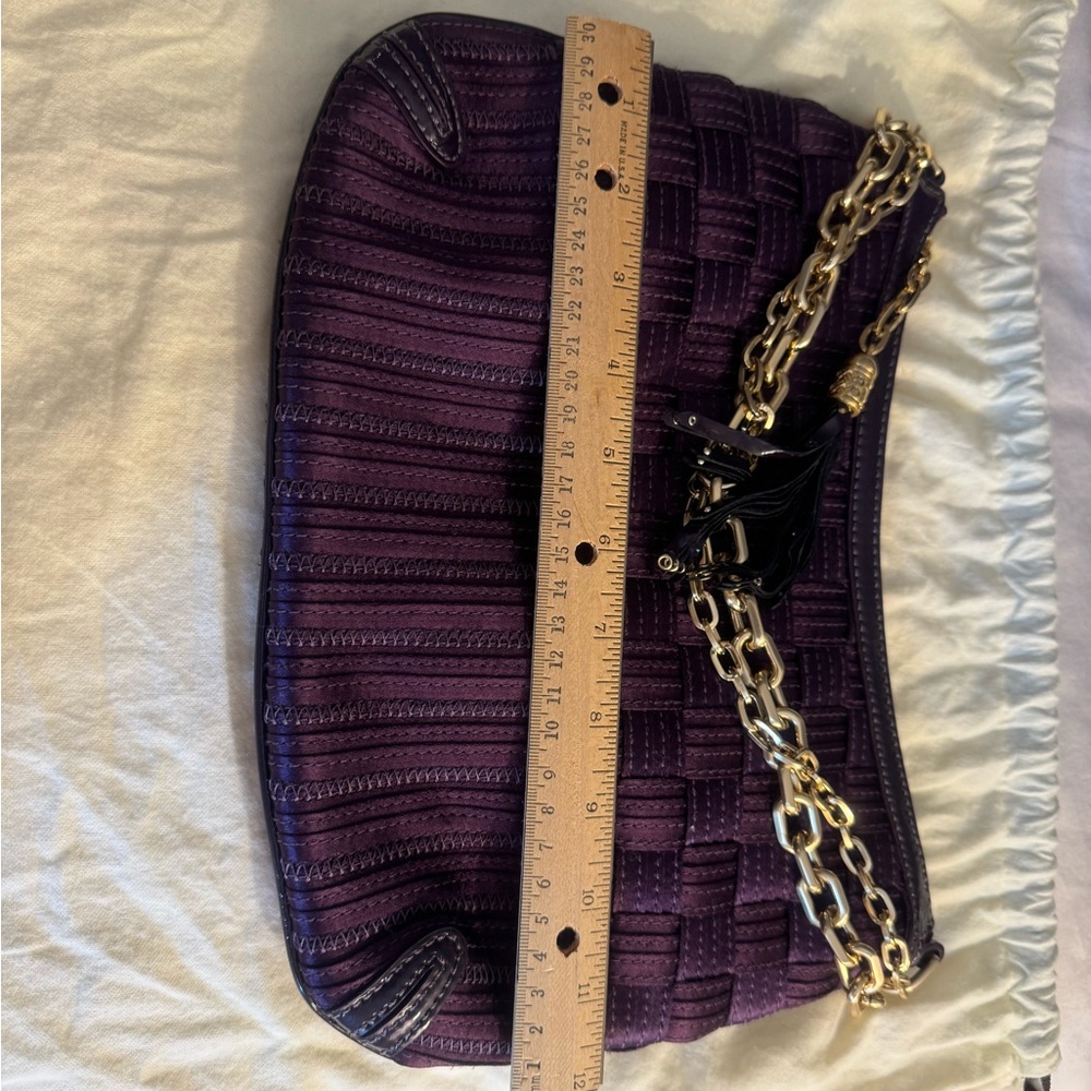 Cole Haan Genevieve purple satin woven purse with gold chain straps - Picture 4 of 5